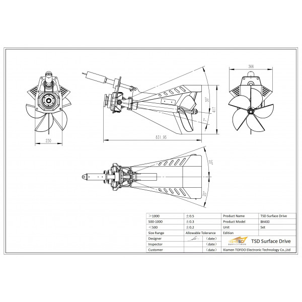 BH400 is a surface drive system with a diameter of 400mm, with an engine power between 45-80kw, and the suitable boat weight is 1T-2T