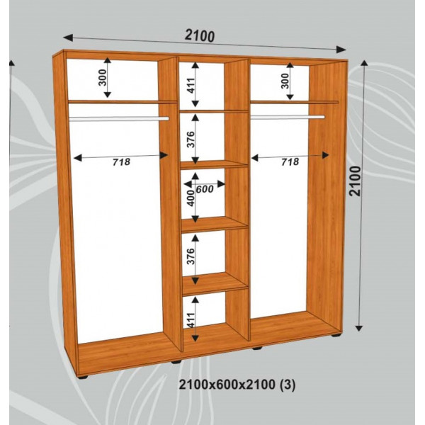 Шкаф-купе 2100x600x2100 (3)(Цена указана с учетом фасадов Зеркала или Глухие)